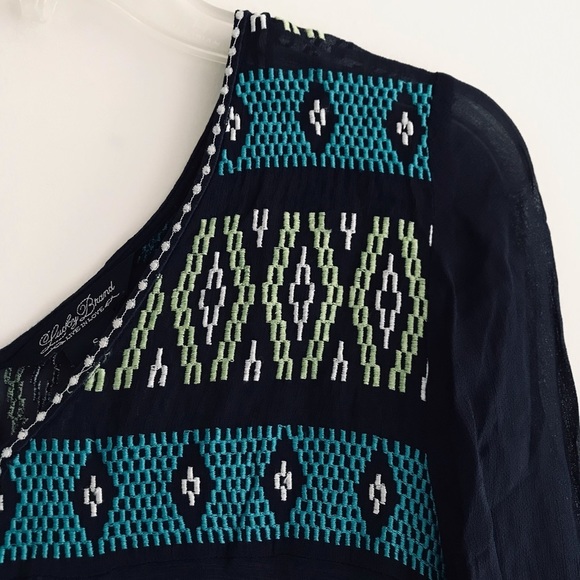 Lucky Brand | Aztec Print Pullover Top Womens Small Blue V-neck Sheer Size S - Picture 5 of 13